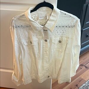 Chico's Cream Button Down lightweight jacket with Lace Accents